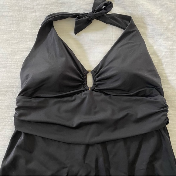 Land’s End Size 14 Black Swim Top Ruched Halter Tie-Neck V-Neck Keyhole Tankini - Picture 5 of 9